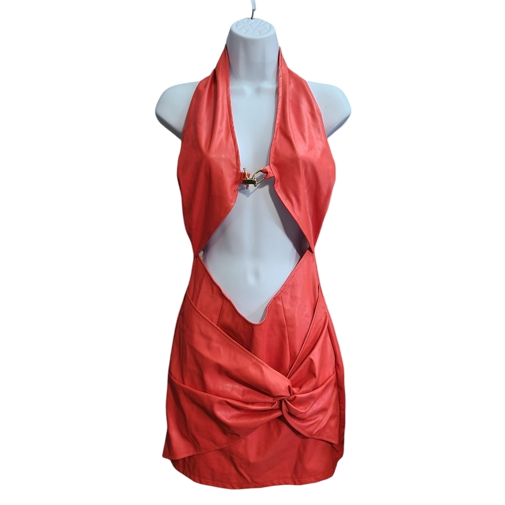 PRETTY LITTLE THING plunge bodycon cutout dress vegan leather 8